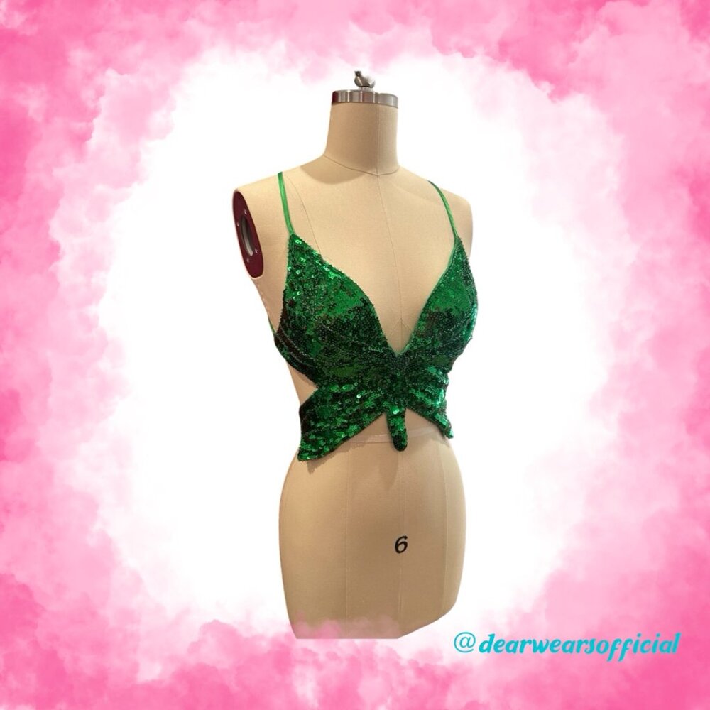 Victray Green Butterfly Sequin Crop